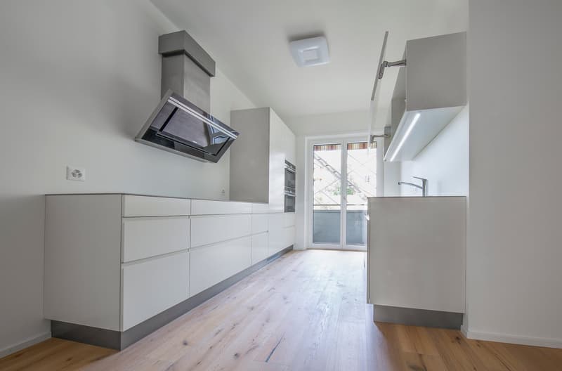 modern kitchen with white cabinets, wooden floor, stainless steel appliances, glass door, and a range hood