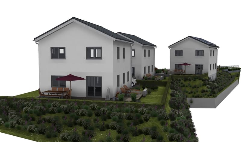 two-story houses with attached garden, patio area with umbrellas and table, car park