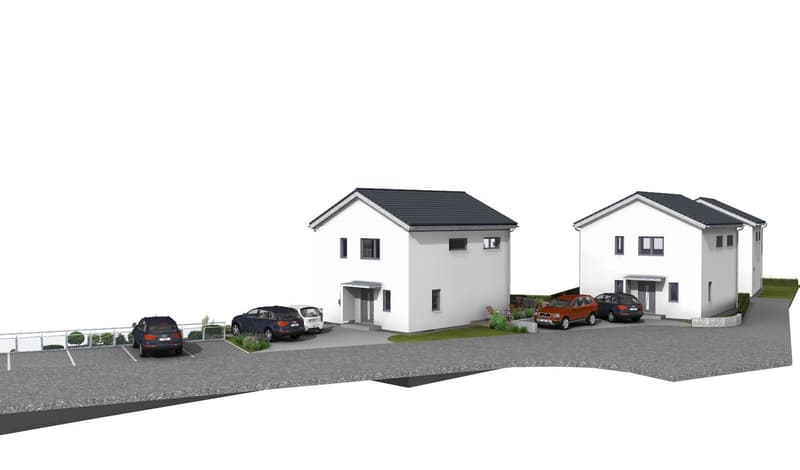 Three residential houses, grey roof, parking lot, garden area