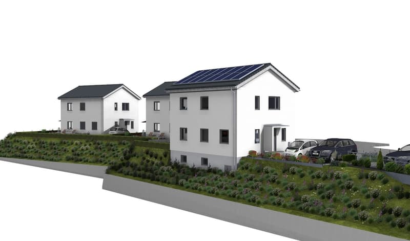 3 modern white houses with solar panels on roofs, 3 cars parked in front, green grass, garden