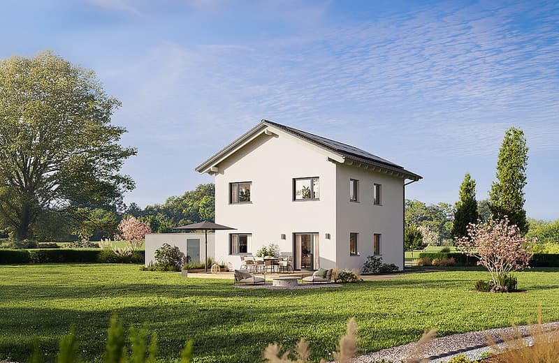 Two story house, solar panels, white walls, gray roof, glass door, outdoor seating area, fireplace, fire pit, umbrella, garden, grassy lawn