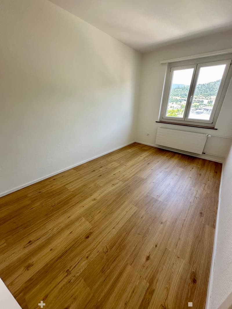 empty room, wooden floor, white walls, large window, view of mountains