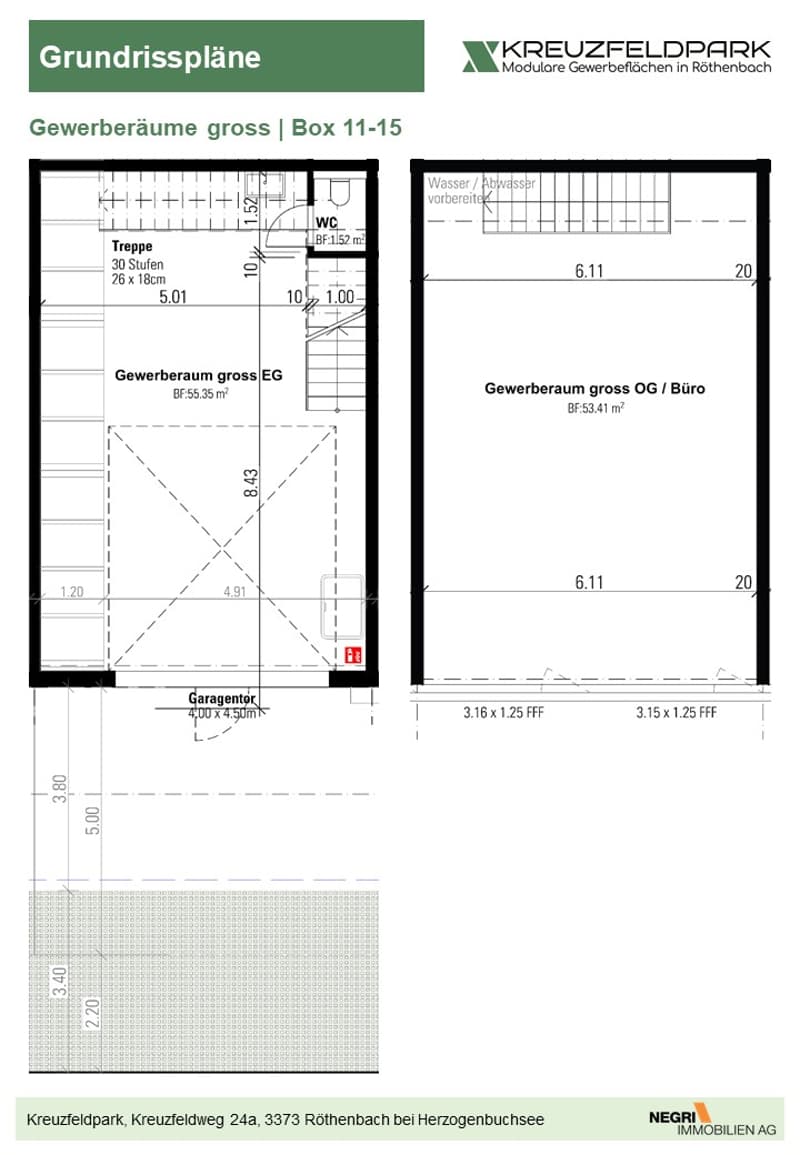 Floor plan of a commercial space with gross sizes, dimensions, and annotations for water, waste, and parking.
