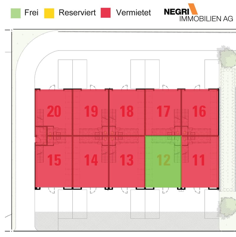3 rows, 8 parking places each row, 1 free place, rest all marked as rented