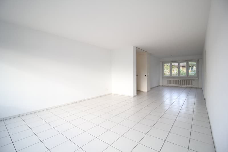 empty room, white walls, white tiles, window with view, white door
