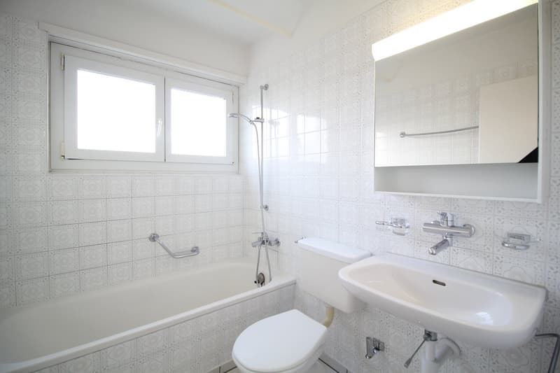 Bathroom with bathtub, toilet, sink, and shower