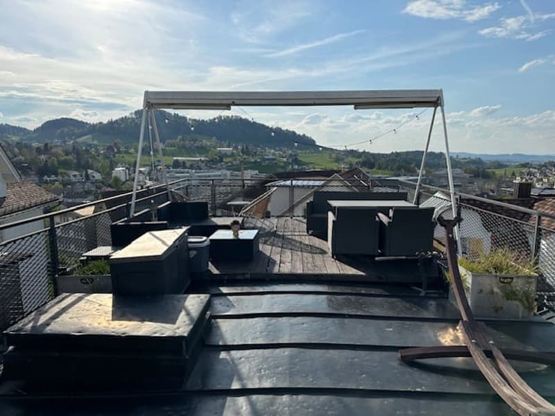 Roof terrace with wooden deck, metal railing, outdoor furniture, plants, and a view of the city