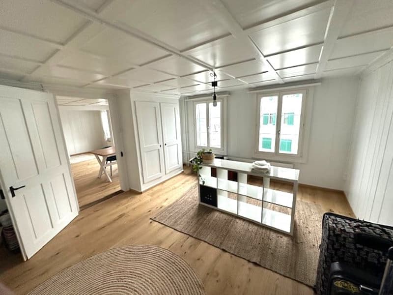 Empty room with white walls, wooden floor, white ceiling, white door, white shelf, rug, and windows