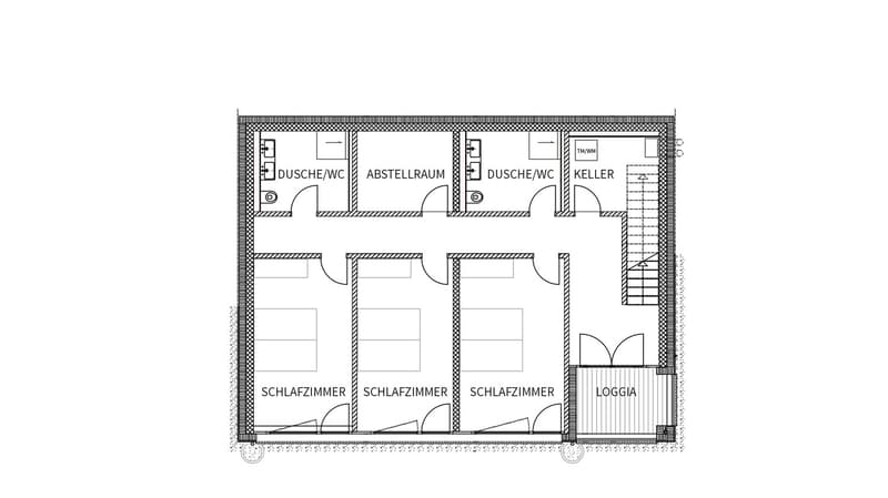 Grundriss untere Etage mit 3 Schlafzimmern, 2 Du/WC, Abstell- und Technikraum