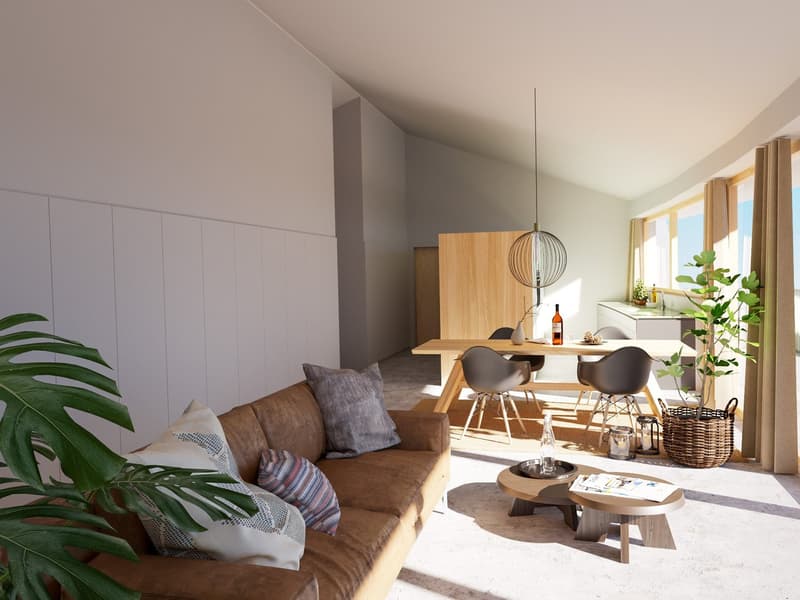Spacious living room with large windows, wooden dining table and chairs, brown sofa, potted plant, and decorative lighting fixture