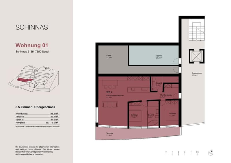 The floor plan shows a 3.5 room apartment on the upper floor. It includes a living/dining room, kitchen, two bedrooms, a bathroom, a technical room, and a terrace.