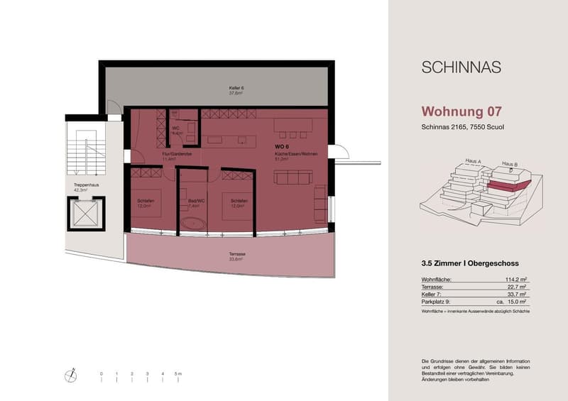 The floor plan shows a 3.5 room apartment on the ground floor. It includes a living room, kitchen/dining area, two bedrooms, a bathroom, and a terrace.