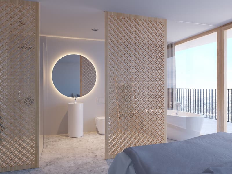 modern bedroom, round mirror, white bathtub, modern bathroom fixtures, gray linen, large windows