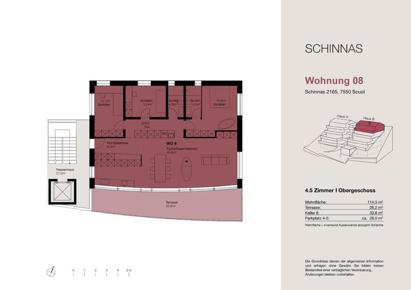 The floor plan shows a 4.5 room apartment on the ground floor. It includes a living room/kitchen area, 2 bedrooms, 2 bathrooms, a storage room, and a terrace.