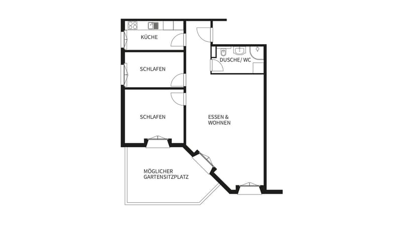 Kitchen, 2 bedrooms, bathroom, living/dining room, possible garden terrace