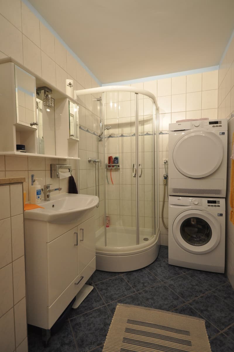 Bathroom with a shower enclosure, sink vanity, and a washer and dryer unit