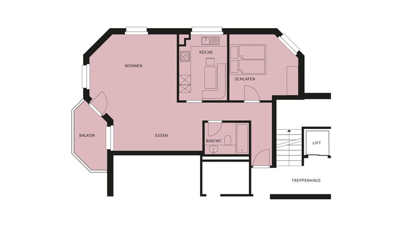 Living room, kitchen, 2 bedrooms, 1 bathroom, balcony, lift