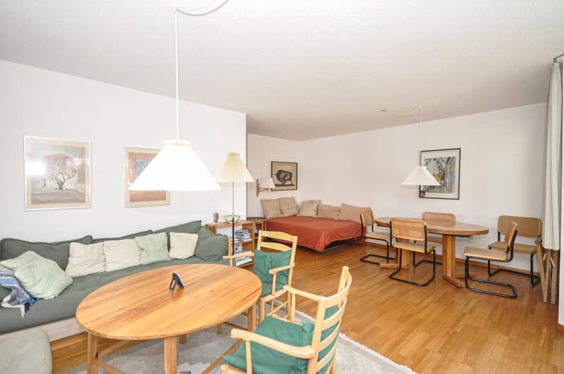 wooden floor, sofa, round table, dining table with chairs, lamp, painting, single bed
