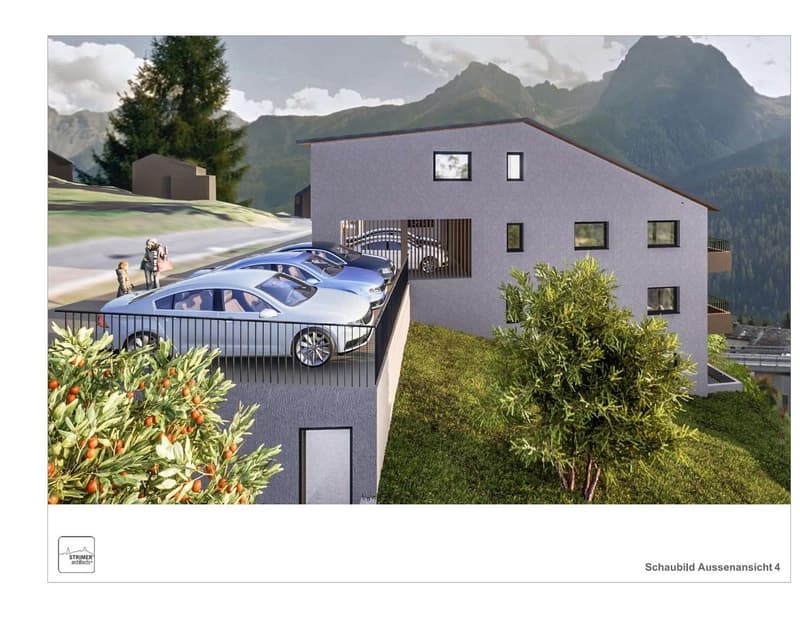 modern house, cars parked in front, garage with car inside, surrounded by greenery, mountainous background