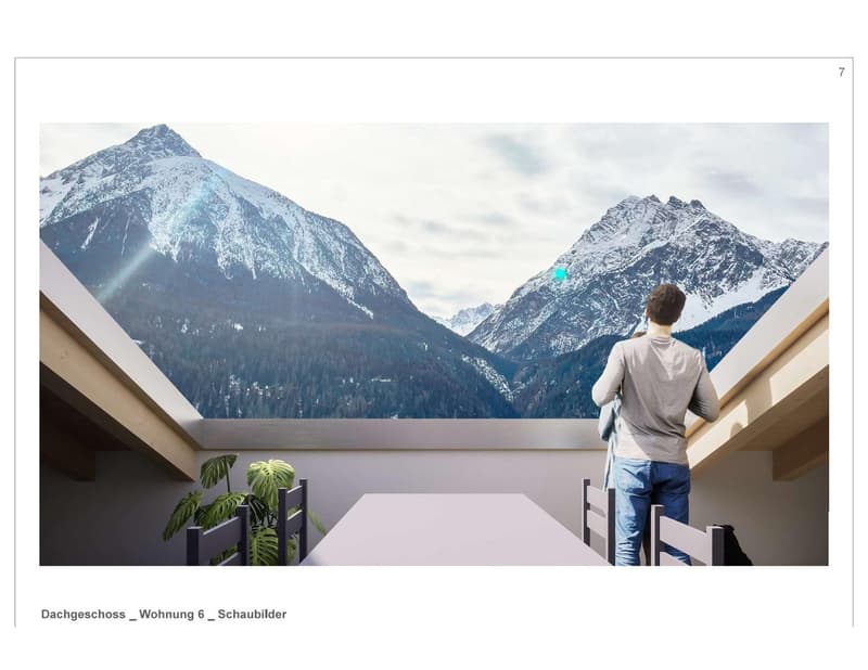 balcony, man, table, chairs, plants, glass walls, mountains in background