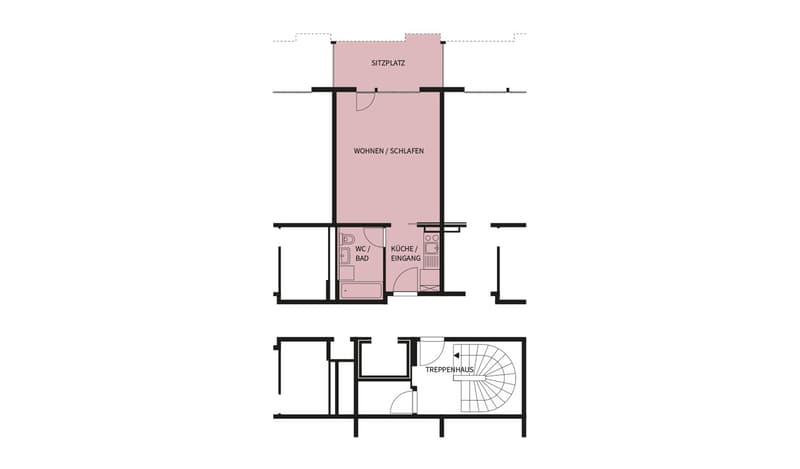 living area, kitchen, bathroom, bedroom/sleeping area, stairs