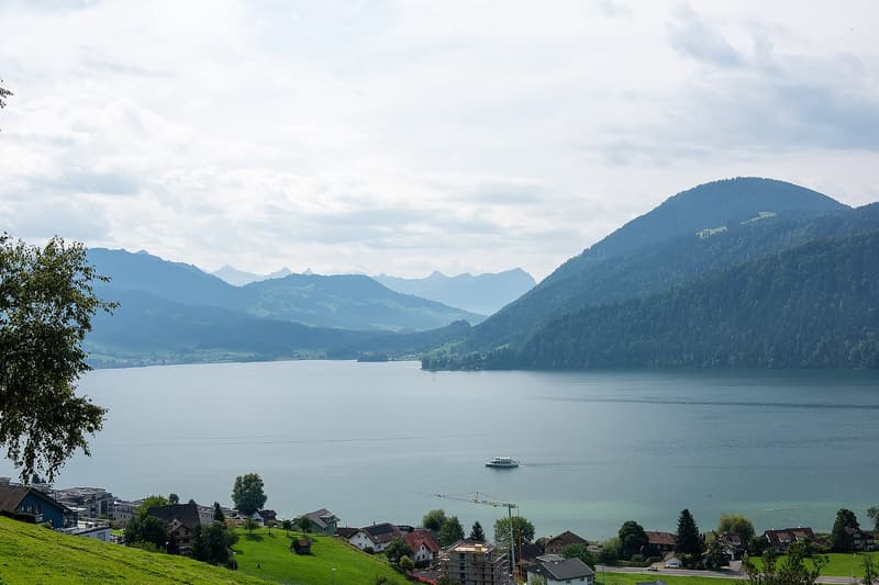Lake surrounded by mountains, boats, houses, trees, and a crane in construction