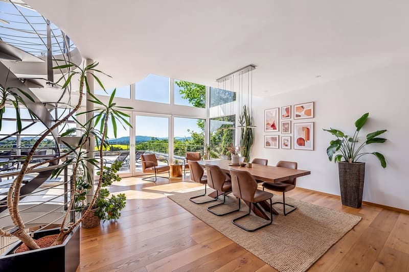 Dining area with wooden table, brown leather chairs, beige rug, large windows, plants, spiral staircase, artwork on wall