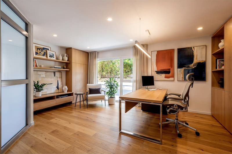 modern office with wooden floor, desk, office chair, computer, chair, shelves, plants, paintings