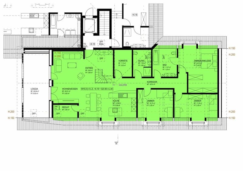 Grundriss Wohnung ist grün markiert