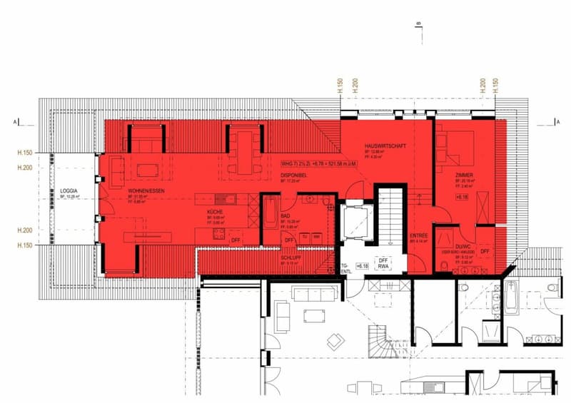 Grundriss Wohnung rot markiert