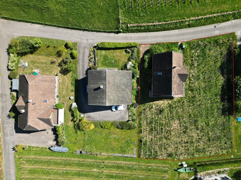 Aerial view of a residential property with a two-story house, a garage, and a paved driveway. The property is surrounded by a well-maintained lawn and landscaping, including trees and shrubs.