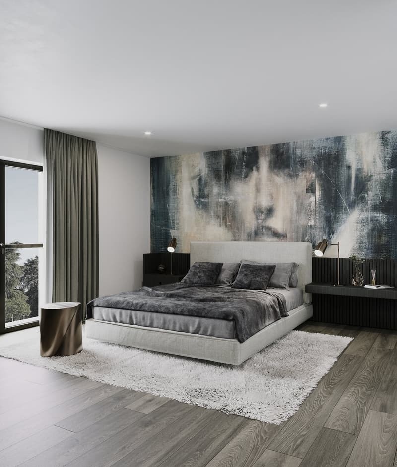 Spacious bedroom with large windows, gray and white color scheme, abstract art wall mural, plush gray bedding, dark wood floors, and a shag rug
