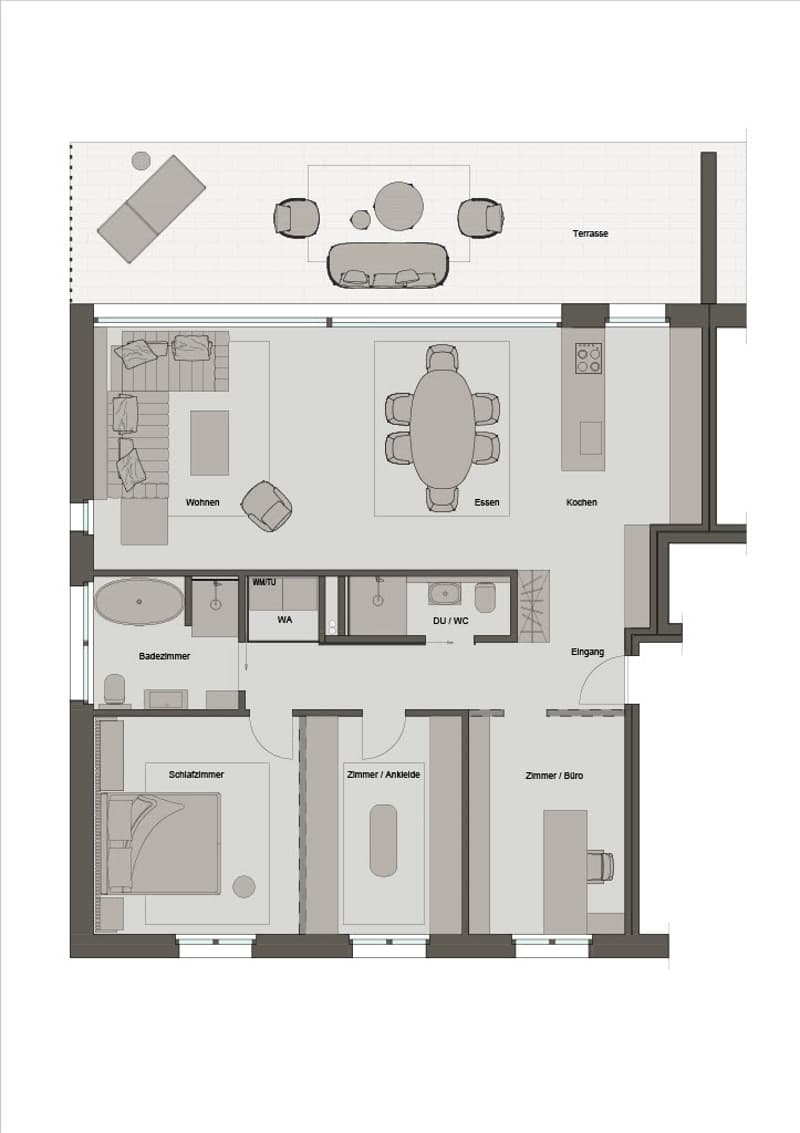 The floor plan shows a 2-bedroom apartment with a living room, kitchen, dining area, bathroom, and a terrace.