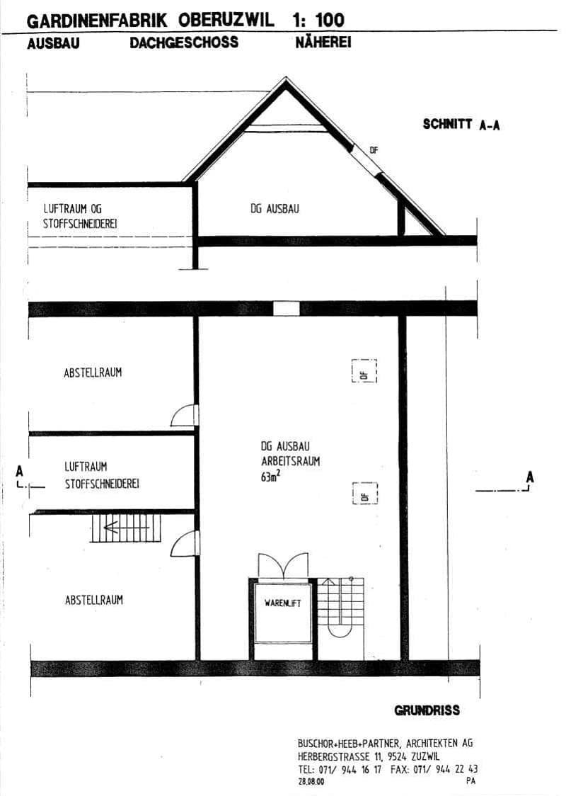 Floor plan of a building with several rooms, offices, storage rooms and workspaces.