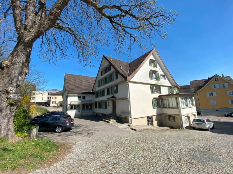white two-story house, brown roof, green shutters, cobblestone driveway, several parked cars