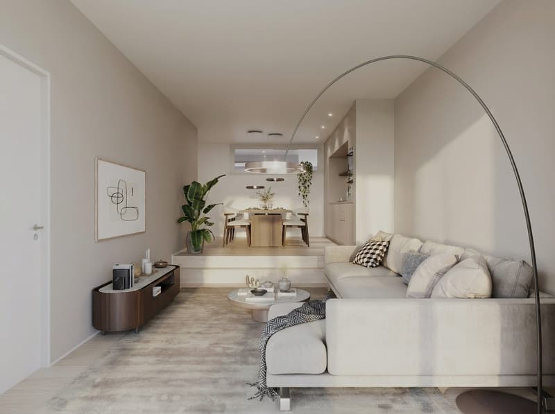white sofa, circular coffee table, round floor lamp, round table and chairs, wooden cabinet, picture, plants