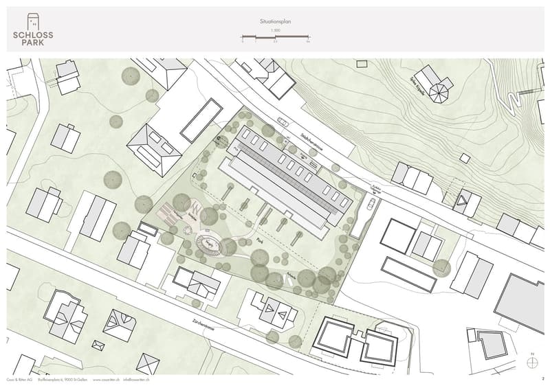 main building, offices, parking, garden, and entrance
