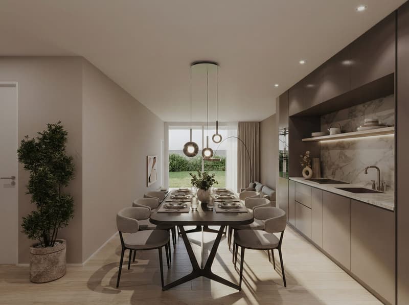 Dining table with chairs, modern pendant lighting, a potted plant, wooden flooring, modern kitchen with a granite countertop and faucet