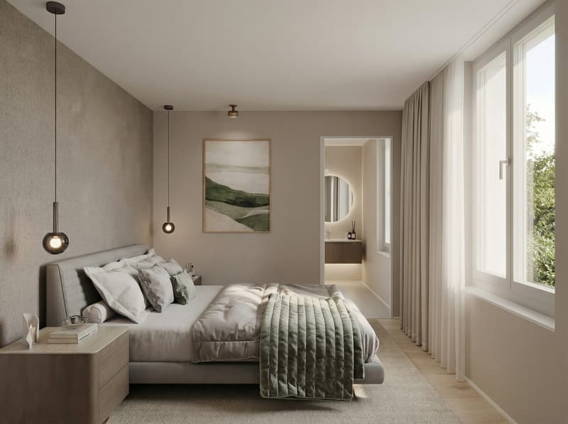 large bed, bedside tables, warm-toned wall, pendant lamps, mirror, artwork, windows with curtains