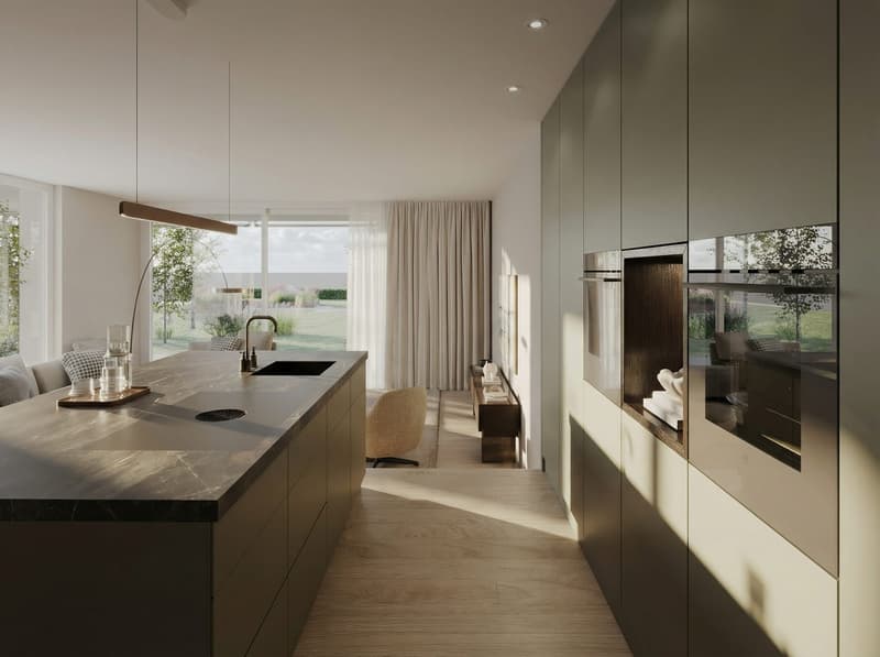 modern kitchen with a large island, marble countertop, modern faucet, white cabinets, large glass windows