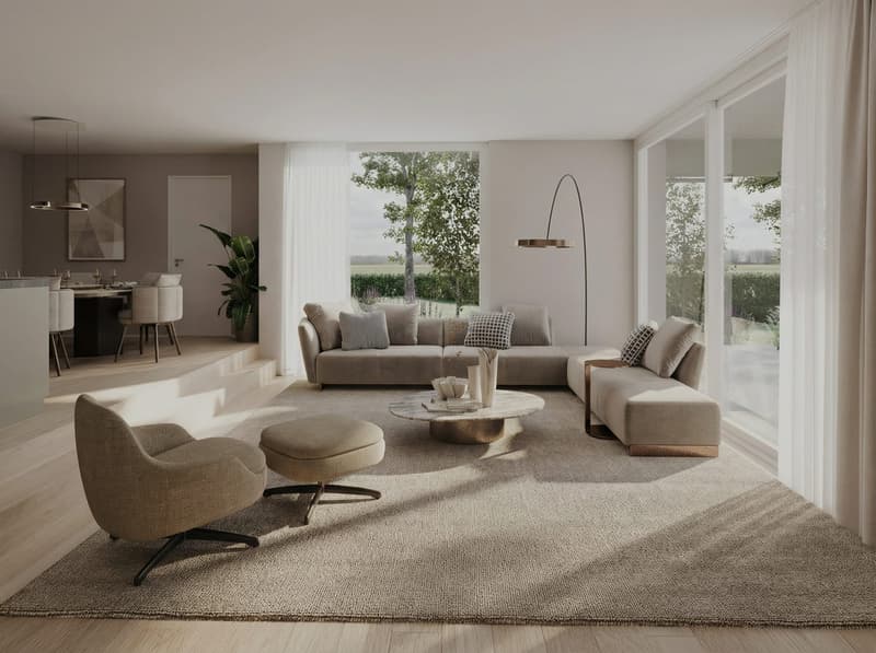 L-shaped couch, round coffee table, armchairs, round ottoman, floor lamp, carpet, large windows