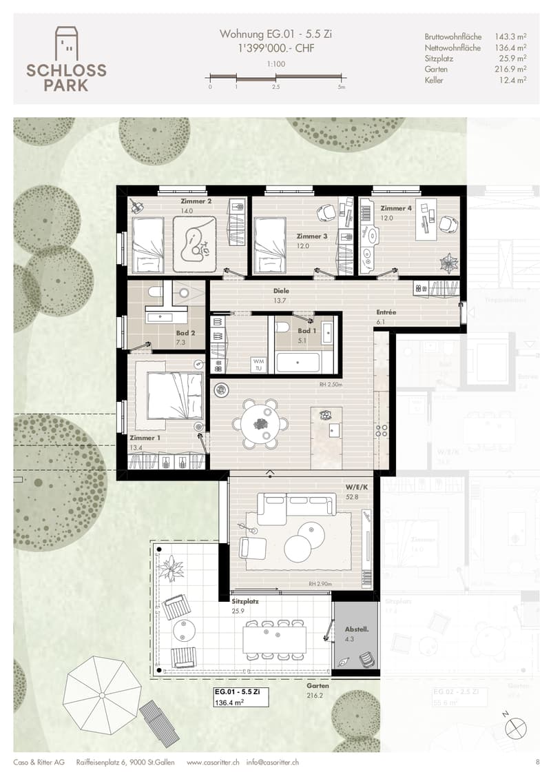 4 bedrooms, 2 bathrooms, kitchen, living room, dining room, terrace, garden, entrance hall