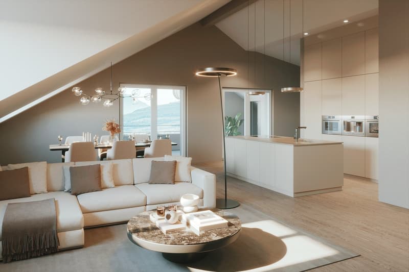 modern living room with white couch, round coffee table, dining area with table and chairs, kitchen with modern appliances, large windows with view
