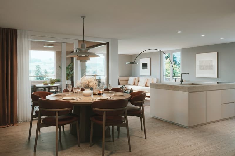 Dining area with round table, chairs, modern pendant lights, open kitchen, living room with couch, large windows, balcony