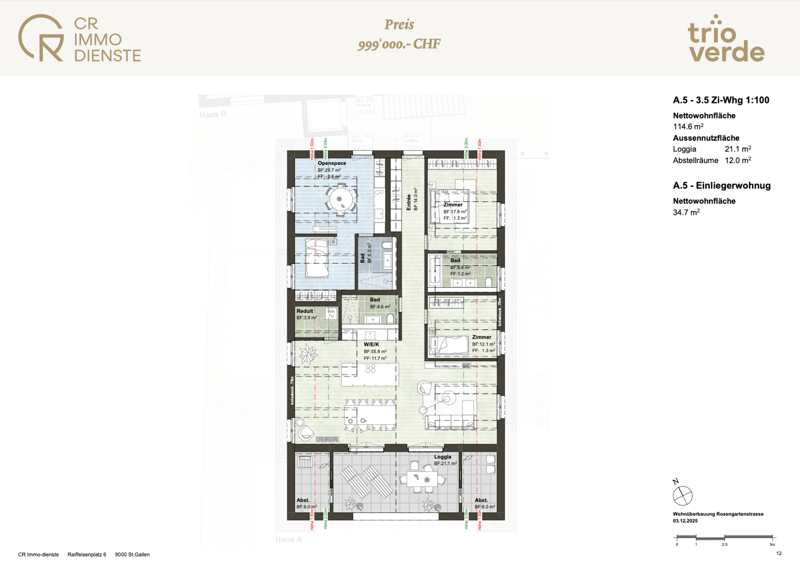 Living room, kitchen, 3 bedrooms, 2 bathrooms, balcony, storage room, terrace