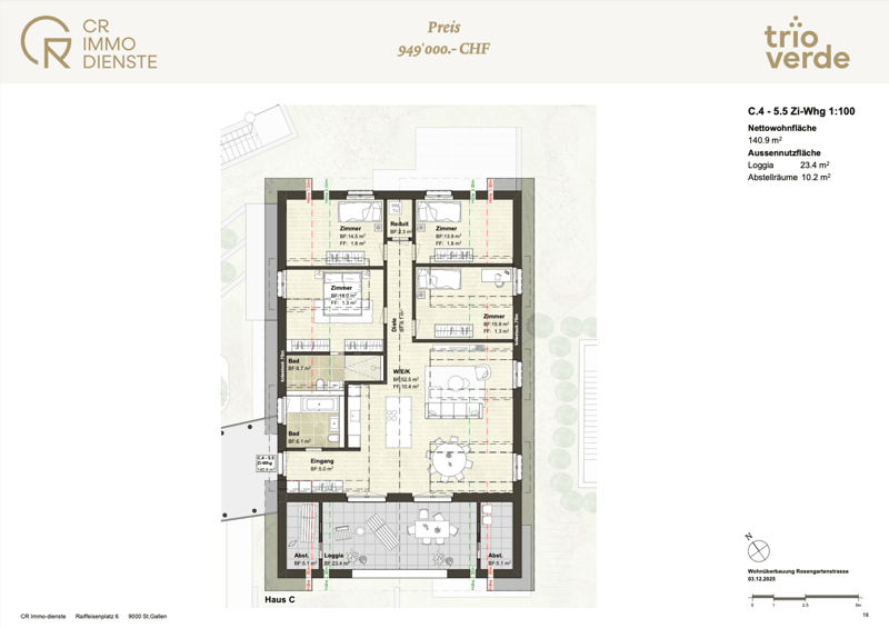 Floor plan of a 5.5 room apartment with living room, kitchen, 4 bedrooms, 2 bathrooms, entrance, balcony, and storage room.
