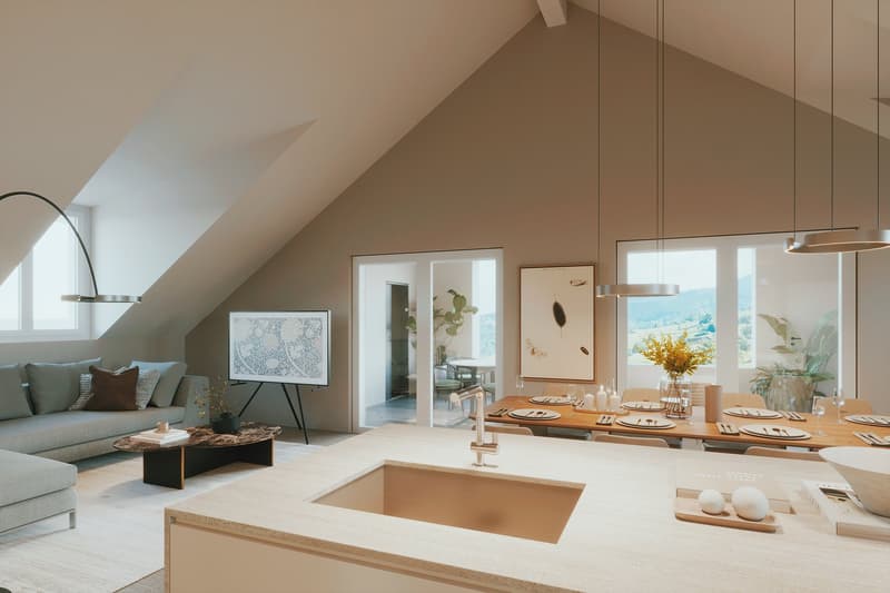 Open-plan living and dining area with a view, modern kitchen, comfortable seating, dining table, artwork, and natural light.