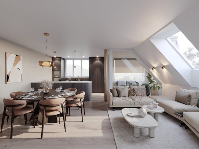 modern dining area with a round table, beige sofa, wooden floor, kitchen, skylight