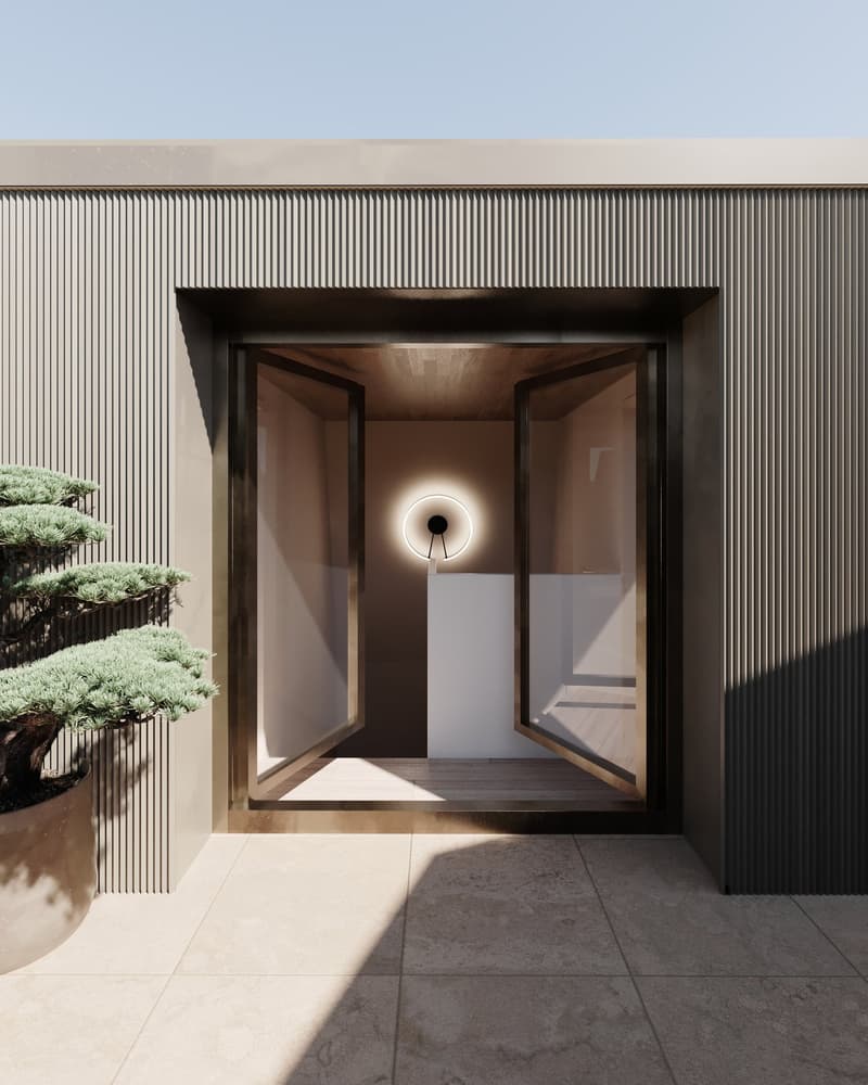 Modern entrance with wooden double doors, circular light fixture, tiled floor, and a potted plant