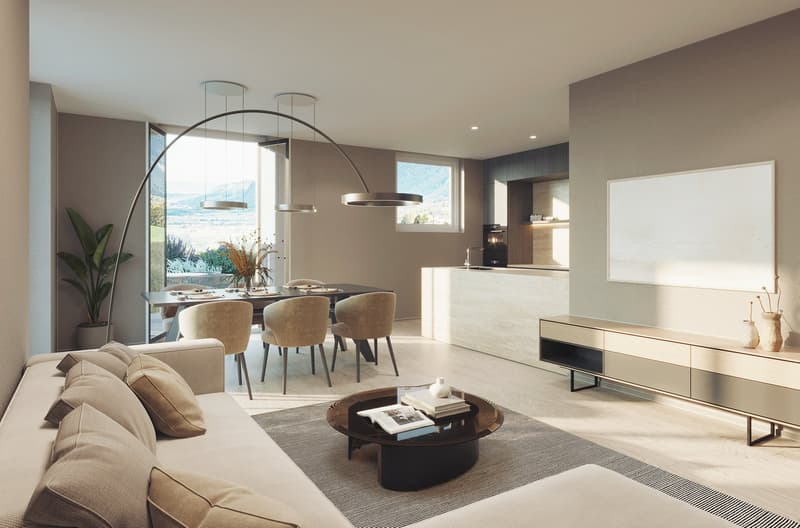 Open plan living and dining area with modern furniture, large windows, and a glass table.